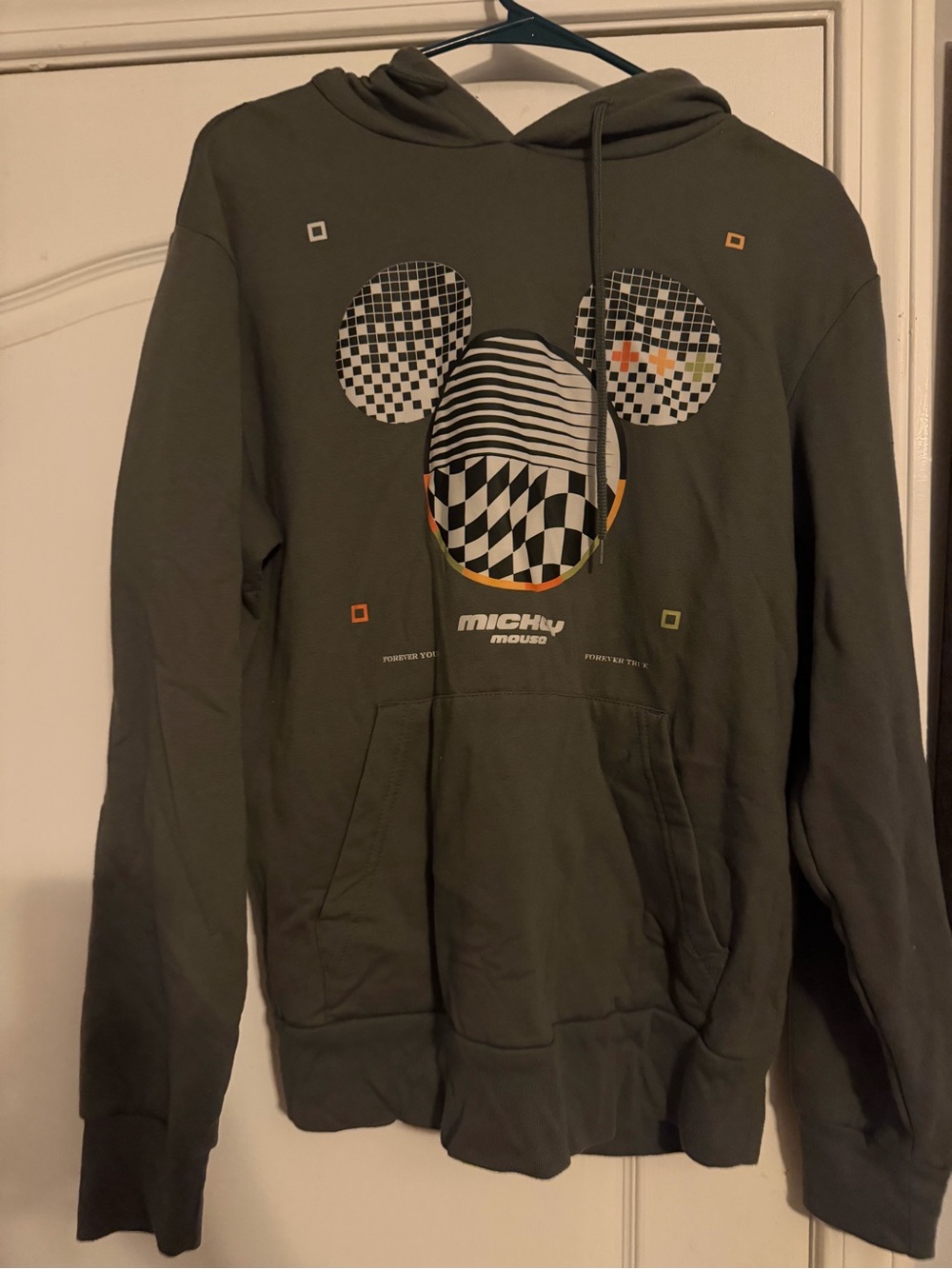 Disney Olive Green Mickey Graphic Hoodie with Patterned Front